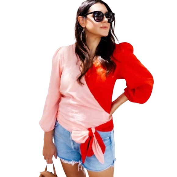 NWT Anthropologie Farm Rio Pink & Red Colorblock Wrap Blouse Top Size Medium - Picture 11 of 12